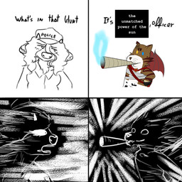 anthro bandage clothing dialogue duo eye_scar facial_scar female heterochromia humor male male/female missing_arm police police_uniform scar shitpost striped_body stripes text uniform whiskers wings kawattame paillanos ralsei_smoking_blunt moony_(kawattame) tjat_(paillanos) bovid bovine cattle mammal patchwork_creature 1:1 comic english_text meme