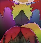 anthro breasts butt clothing female fishnet_clothing fishnet_legwear fur inner_ear_fluff legwear rear_view simple_background solo standing tattoo tramp_stamp tuft mahoxy nintendo pokemon xylia_(mahoxy) delphox generation_6_pokemon pokemon_(species) hi_res