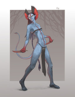 black_hair blue_body bottomwear breasts clothing dual_wielding feet female hair holding_object holding_weapon humanoid_pointy_ears knife loincloth orange_eyes pointy_ears slim small_breasts solo weapon housesetting james_cameron's_avatar varang_(james_cameron's_avatar) alien humanoid na'vi 2025 hi_res