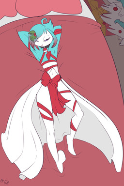 bed bedroom_eyes collar femboy furniture gift_wrapped green_body green_hair hair half-closed_eyes inside looking_at_viewer lying lying_on_bed male mistletoe narrowed_eyes navel on_back on_bed plant pokeball pokeball_collar seductive short_hair solo strategically_covered white_body fuf nintendo pokemon gardevoir generation_3_pokemon humanoid pokemon_(species) 2018 2:3 hi_res
