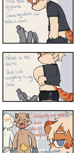 4_fingers anthro backpack black_bottomwear black_clothing black_pants black_shirt black_swimwear black_topwear blue_eyes bodily_fluids bottomwear briefs brown_body brown_fur brown_tail clothed clothing clothing_lift creative_censorship eyebrow_through_hair eyebrows fingers frown fur hair humor kemono locker_room male multicolored_body multicolored_fur no_pupils open_mouth pants pink_nose public shirt shirt_lift solo sweat sweatdrop swimwear t-shirt tail text topwear translucent translucent_hair underwear undressing white_body white_fur white_hair young young_anthro young_male milkybot hu_ku_li_(milkybot) domestic_cat felid feline felis mammal 2019 censored english_text hi_res