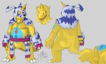 animal_skin anthro balls belly belly_markings butt claws erection fur genitals horn jewelry male markings necklace overweight overweight_male pecs penis slightly_chubby striped_body striped_fur stripes yellow_body yellow_eyes heibanhikaru bandai_namco digimon digimon_(species) gabumon scalie absurd_res hi_res