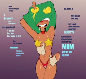 ambiguous_gender anthro biped blush bodily_fluids breasts brown_body buckteeth clothed clothing dialogue disembodied_hand female female/ambiguous fur green_clothing panties pasties red_clothing simple_background solo sweat tail tail_tuft teeth text thick_thighs tuft underwear acidsticky deltarune undertale_(series) carol_holiday noelle_holiday deer mammal new_world_deer reindeer absurd_res english_text hi_res daughter_(lore) female_(lore) incest_(lore) mother_(lore) mother_and_child_(lore) mother_and_daughter_(lore) parent_(lore) parent_and_child_(lore) parent_and_daughter_(lore)