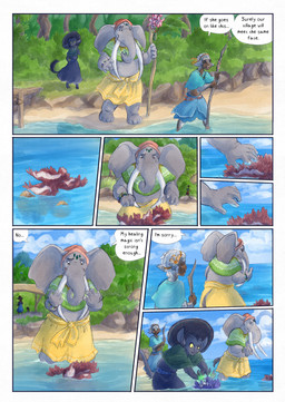 ambiguous_gender anthro biped black_body black_fur black_hair black_tail clothed clothing cloud dark_body dark_skin day dialogue dialogue_box ear_fins fin flower fur glowing_hands grey_body hair hat headgear headwear magic outside plant proboscis_(anatomy) sea speech_bubble split_form tail text trunk_(anatomy) water white_hair bjekkergauken mythology imbali_(bjekkergauken) isilo_(bjekkergauken) aquatic elephant elephantid humanoid mammal merfolk proboscidean unknown_species 2026 colored comic english_text hi_res