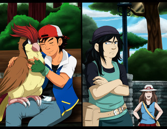 ambiguous_gender beak clothing detailed_background duo eyes_closed female feral hair hat headgear headwear male outside sitting katchihe nintendo pokemon ash's_pidgeot ash_ketchum leaf_(pokemon) pokemon_trainer avian bird generation_1_pokemon human mammal pidgeotto pokemon_(species) 2015