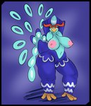 3_toes anthro areola big_breasts blue_background blue_body blue_feathers border breasts eyebrows eyelashes feathers feet female genitals hands_behind_head leg_markings markings navel nipples pink_areola pink_nipples pokemorph pussy red_body red_feathers simple_background solo tail tail_feathers thick_eyebrows thick_thighs toes transparent_border yellow_eyes plantedpot nintendo pokemon olivia_(plantedpot) avian generation_9_pokemon pokemon_(species) quaquaval 2022 alpha_channel hi_res