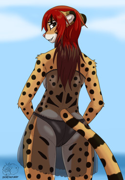 anthro black_body black_fur brown_eyes clothing female fur hair happy orange_body orange_fur pink_nose red_hair solo allartskye felid feline leopardus mammal ocelot hi_res