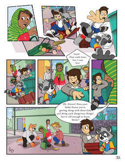 anthro bottomwear cheek_tuft clothed clothing crashing detailed_background dialogue dipstick_tail dizzy duo eyewear facial_tuft falling_down feet_together food footwear fully_clothed gloves_(marking) male markings scratch shoes speech_bubble tail tail_markings text tuft pandapaco art_(pandapaco) ailurid bear canid canine fox human lagomorph leporid mammal procyonid rabbit raccoon comic english_text hi_res