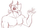 anthro clothed clothing gesture hair hand_gesture horn male muscular muscular_arms ok_sign red_line_art simple_background solo tongue tongue_out topless topless_male gooseworx sigrik demon demon_humanoid humanoid 2022 colored_line_art digital_media_(artwork) half-length_portrait line_art monochrome portrait red_and_white sketch