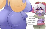 big_breasts big_butt biped blonde_hair breasts butt cleavage clothed clothing crossed_arms dialogue duo female hair huge_breasts not_furry nude pupils purple_body text thick_thighs kindrose league_of_legends riot_games tencent poppy_(lol) tristana_(lol) humanoid yordle hi_res