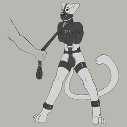 anthro bound bulge collar duo green_eyes grey_background leash looking_up male muzzle_(object) muzzled restraints simple_background solo_focus straitjacket submissive submissive_anthro submissive_male clouded_(fa) felid feline mammal 1:1 2012 hi_res