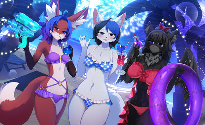 alcohol anthro beverage biped blush breasts claws clothed clothed_anthro clothed_female clothing cocktail countershade_torso countershading feathers female fingers front_view fur group hair looking_at_viewer navel smile standing swimwear tail teeth tongue toy toy_gun trio two-piece_swimsuit umbrella_drink water_gun wings sleepyhelen canid canine domestic_cat felid feline felis fox mammal 2026 digital_drawing_(artwork) digital_media_(artwork) hi_res