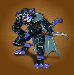 anthro armor black_body black_fur black_nose blue_body blue_ears blue_fur cape clothing countershading dagger front_view fur grey_cape grey_clothing grin holding_dagger holding_melee_weapon holding_object holding_weapon looking_at_viewer male melee_weapon orange_eyes simple_background smile solo standing unsigned weapon yaoifairy felid mammal pantherine tiger colored_sketch hi_res sketch