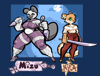 anthro belly big_breasts bottomwear breasts cartoon_freckles clothing duo ear_piercing facial_tuft female fishnet_clothing fishnet_legwear flat_chested footwear freckled_face freckled_legs freckled_shoulders freckled_thighs freckles fur green_eyes grey_body grey_fur katana knife legwear markings melee_weapon ninja nipple_outline nipples orange_body orange_fur pants piercing purple_bottomwear purple_clothing purple_footwear purple_shoes purple_shorts red_bottomwear red_clothing red_pants shoes shorts striped_markings striped_tail stripes sword tail tail_markings thick_thighs tuft warrior weapon newtype_hero mizu_(onetiredbear) myla_(onetiredbear) beaver domestic_cat felid feline felis mammal rodent alpha_channel