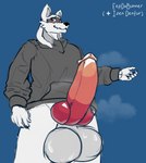 anthro balls big_balls big_knot big_penis bodily_fluids bottomless bottomless_male clothed clothing erection fur genitals hoodie hoodie_only knot male musk musk_clouds musky_penis nervous_smile penis red_eyes solo sweat topwear topwear_only white_body white_fur eepdabunner izen_puppyfox izen_(izen_puppyfox) furroi absurd_res hi_res