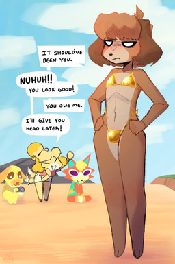 annoyed anthro bikini blonde_hair brown_body brown_hair bulge camera clothed clothed_anthro clothed_female clothed_male clothing cloud countershade_face countershade_legs countershade_torso countershading crossdressing crossdressing_male detailed_background eyes_closed eyewear female female_anthro frown fur gold_bikini group hair hands_on_hips hands_on_own_hips holding_camera holding_object implied_incest male male_anthro male_focus narrowed_eyes open_mouth open_smile orange_body orange_fur sand sitting sky smile solo_focus speech_bubble standing sunglasses swimwear tail tail_motion tailwag talking_to_another tan_body tan_countershading text two-piece_swimsuit wearing_sunglasses white_body white_countershading tofuuu animal_crossing golden_week nintendo audie_(animal_crossing) digby_(animal_crossing) goldie_(animal_crossing) isabelle_(animal_crossing) canid canine canis domestic_dog mammal shih_tzu toy_dog wolf 2026 digital_drawing_(artwork) digital_media_(artwork) english_text brother_(lore) brother_and_sister_(lore) incestuous_temptation_(lore) sibling_(lore) sister_(lore)