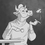 ambiguous_gender anthro blowing cigarette clothed clothing container cup eyewear french furniture glasses hair hat headgear headwear holding_cigarette holding_object hooves horn plate shirt sitting smoke smoking solo table topwear pursuitsnail bovid bovine cattle mammal 1:1 2022 digital_media_(artwork) greyscale low_res monochrome