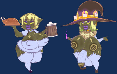 armwear balls big_balls big_breasts big_bulge big_penis blonde_hair breasts bulge candle choker cleavage_cutout clothed clothing cock_sock colored_fire cooked_food cutout duo ear_piercing ear_ring fire footwear foreskin fur_collar genitals green_body green_eyes green_hair gynomorph hair hat headgear headwear huge_balls huge_breasts huge_penis hyper hyper_balls hyper_breasts hyper_genitalia hyper_penis intersex jewelry leggings legwear lips looking_at_viewer magic maid_uniform necklace nipple_outline nipples penis penis_clothing piercing pointy_ears purple_eyelids purple_fire purple_lips ring ring_piercing shoes shortstack shortstack_gynomorph shortstack_intersex simple_background skimpy socks tankard thick_lips thick_thighs transparent_background uniform witch_hat yellow_sclera desbjust spee'nuf_(desbjust) vez'eel_(desbjust) goblin humanoid absurd_res alpha_channel digital_media_(artwork) hi_res