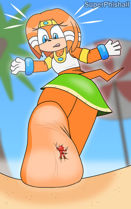 anthro beach countershade_feet countershading duo extreme_size_difference feet female foot_focus looking_back looking_down male orange_body red_body sand size_difference stuck_to_foot walking superphishall sega sonic_adventure sonic_the_hedgehog_(series) knuckles_the_echidna tikal_the_echidna echidna mammal monotreme absurd_res hi_res