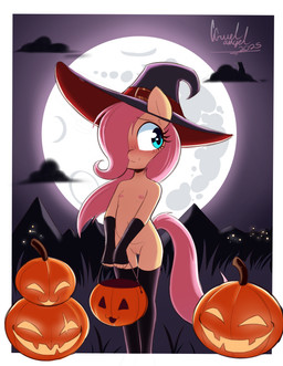 aged_down anthro blue_eyes blush bucket city_lights clothing cloud container detailed_background female food fruit genitals grass hair hat headgear headwear holidays legwear loli moon mountain nipples pink_hair pink_nipples plant public public_nudity pumpkin solo stockings vulva witch_costume witch_hat yellow_body young ccruelangel friendship_is_magic halloween hasbro my_little_pony fluttershy_(mlp) equid equine horse mammal pony hi_res signature