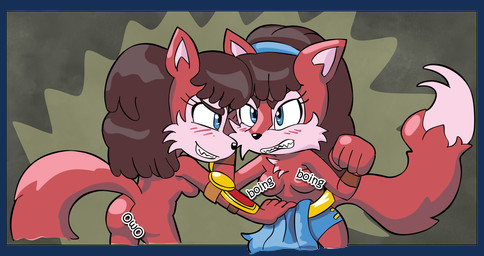 angry anthro assisted_exposure black_nose blue_bottomwear blue_clothing blue_eyes blue_hairband blush blush_lines bottomwear breasts brown_eyebrows brown_hair butt censored_nipples clenched_teeth clothed clothing dipstick_tail duo embarrassed eyebrows eyelashes female female/female fight fist front_view fur grin hair markings nude onomatopoeia owo pink_body pink_fur pink_tail_tip pulling_down_top raised_fist raised_hand rear_view red_body red_fur red_tail smile smirking_at_another sound_effects tail tail_markings teeth text topless topless_anthro topless_female undressing undressing_another wolf_tail bisonvega archie_comics sega sonic_the_hedgehog_(archie) sonic_the_hedgehog_(comics) sonic_the_hedgehog_(series) leeta_wolf lyco_wolf canid canine canis mammal wolf 2026 alpha_channel censored hi_res sibling_(lore) sister_(lore) sisters_(lore) twins_(lore)