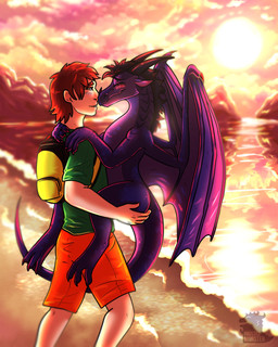 ambiguous_gender backpack beach blush bottomwear carrying_another claws clothing duo feral finger_claws green_clothing green_shirt green_topwear hair horn larger_human larger_male long_neck long_tail male male/ambiguous membrane_(anatomy) membranous_wings orange_bottomwear orange_clothing orange_shorts outside purple_body purple_scales scales shirt shorts side_view size_difference smaller_ambiguous smaller_feral smile snout standing sun sunset tail toe_claws topwear water wings frostedmonster mythology dragon human mammal mythological_creature mythological_scalie scalie 4:5 hi_res watermark