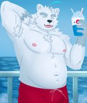 anthro armpit_hair belly body_hair clothing eyes_closed humanoid_hands male moobs navel nipples outside overweight overweight_male solo swimwear water cureinfini knights_college paul_pfitzner bear mammal polar_bear ursine 2021 absurd_res hi_res