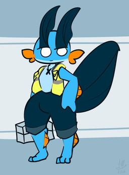 3_toes anthro anthrofied blue_body blue_bottomwear blue_clothing blue_scales blue_shorts bottomwear bulge cheek_fins clothed clothing feet fin grey_background hand_on_hip head_fin holding_object male male_anthro no_pupils open_clothing open_topwear open_vest orange_body orange_scales pattern_background pokemorph safety_vest scales shorts simple_background smile solo standing striped_background tail tail_fin toes toolbox topwear vest white_eyes yellow_clothing yellow_topwear yellow_vest thefablednekos nintendo pokemon xavier_(thefablednekos) generation_3_pokemon pokemon_(species) swampert 2020 digital_media_(artwork) hi_res