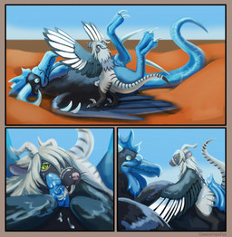 anthro anthro_on_feral beak bestiality biped blue_body bodily_fluids cum duo erection feet feral genital_fluids genitals horn looking_at_another lying male male/male on_back oral penis talons teasing teeth toes wings corruptedfox avian hybrid mammal murid murine rat rodent comic hi_res