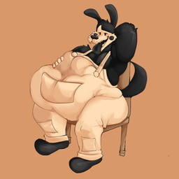 abdominal_bulge ambiguous_gender ambiguous_prey anthro anthro_pred belly big_belly chair clothed clothed_anthro clothed_male clothing duo footwear furniture gloves hand_behind_back hand_on_belly hand_on_own_belly handwear huge_belly male male_anthro male_pred on_chair open_mouth oral_vore overalls patch_(fabric) patched_clothing shoes simple_background sitting sitting_on_chair solo tail teeth tongue tongue_out vore whisker_spots cr4zydonuts1 bendy_and_the_ink_machine boris_the_friendly_wolf canid canine canis mammal wolf 1:1 digital_drawing_(artwork) digital_media_(artwork) hi_res