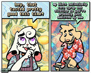2_panel_comic after_oral aloha_shirt anthro bottomwear bow_tie clothed clothing dialogue duo floppy_ears fur half-closed_eyes humor male narrowed_eyes open_bottomwear open_clothing open_mouth open_pants open_smile overalls pants pattern_clothing pattern_shirt pattern_topwear shirt smile smirk smug smug_face smug_grin speech_bubble teeth text tooth_gap topwear wars_down white_body white_fur wide_eyed yellow_body yellow_fur rawdawgcomics bingus_(rawdawgcomics) stahli_(rawdawgcomics) bird_dog canid canine canis domestic_dog golden_retriever hunting_dog lagomorph leporid mammal rabbit retriever 5:4 comic english_text