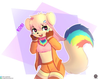 anthro clothed clothing collar female fur heart_eyes heart_symbol looking_at_viewer solo standing text yellow_body yellow_fur senz canid canine canis domestic_dog mammal absurd_res hi_res url