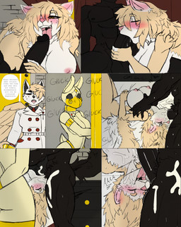anthro anthro_on_anthro anthro_penetrated anthro_penetrating anthro_penetrating_anthro back_wings big_breasts big_penis black_body black_fur black_hair black_penis blush bodily_fluids breasts clothing collar cum cum_in_mouth cum_inside deep_throat dialogue duo erection eye_through_hair eyebrow_through_hair eyebrows face_fucking fellatio female female_anthro female_penetrated fur genital_fluids genitals group hair hair_over_eye humanoid_genitalia humanoid_penis irrumatio male male/female male_anthro male_penetrating male_penetrating_female mask muscular muscular_male nipples nude nude_anthro nude_female nude_male oral oral_penetration orange_eyes penetration penile penis penis_in_mouth pink_nipples red_eyes saliva servant sex speech_bubble tail tan_body tan_fur tan_hair text throat_swabbing tongue tongue_out translucent translucent_hair trio uniform white_body white_fur wings butcher_pal adam_manchester canid canine canis hybrid mammal procyonid raccoon wolf 2025 colored comic digital_drawing_(artwork) digital_media_(artwork) english_text hi_res
