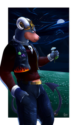 accessory anthro athletic badges black_clothing black_jacket black_jacket_vest black_topwear black_vest brown_body brown_fur clothed clothing cloud flower flower_field fur furgonomics grass grass_field grey_body grey_fur hair hand_in_pocket highlights_(coloring) hill holding_flower holding_object horn horn_jewelry horn_ring jacket jacket_vest jewelry leather male moon multicolored_body multicolored_fur muscular muscular_anthro muscular_male neck_ring night outside plant pockets red_clothing red_eyes ring ring_(jewelry) shooting_star simple_background sky smile solo star tail tail_accessory tail_jewelry tail_ring text topwear vest wristband henryfda nintendo pokemon pokemon_legends_z-a canid canine canis generation_2_pokemon houndoom mammal pokemon_(species) 2026 absurd_res artist_name digital_drawing_(artwork) digital_media_(artwork) hi_res shaded url