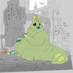 ambiguous_gender belly big_belly big_tail black_eyes blue_fruit_(rain_world) bowl building container eating feral food fungus green_body happy holding_food holding_object huge_belly machine mushroom obese overweight overweight_ambiguous overweight_feral slime_mold_(rain_world) solo tail citrusslugcat rain_world videocult citrus_(slugcat) geoduck_(rain_world) scavenger_(rain_world) slugcat
