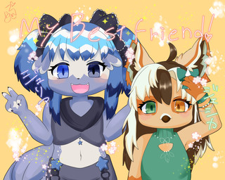 4_fingers accessory anthro beak big_ears blue_eyes blue_hair bottomwear bow_ribbon brown_hair clothed clothed_anthro clothed_female clothing dress duo eyelashes fangs feathers female fingers gesture green_clothing green_dress green_eyes grey_bottomwear grey_clothing grey_shorts hair hair_accessory hair_ribbon hand_gesture headgear headwear heterochromia kemono long_hair markings multicolored_hair open_mouth open_smile orange_body orange_feathers ribbons salute shorts simple_background size_difference smile sparkles star_(marking) tail taking_picture teeth text v_sign white_hair yellow_background yellow_eyes young young_female puniwanko jessica_(alligatorcee4) julia_(alligatorcee4) avian barn_owl bird fish marine owl reef_shark shark tyto tytonid 2025 absurd_res digital_drawing_(artwork) digital_media_(artwork) english_text half-length_portrait handwritten_text hi_res japanese_text portrait signature