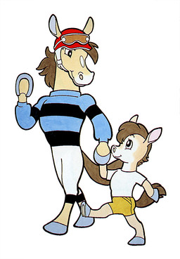 ambiguous_gender anthro armor bottomwear brown_hair chibi clothed clothing countershade_face countershade_neck countershading duo eyewear eyewear_on_head fully_clothed furgonomic_headwear furgonomics goggles goggles_on_head hair headgear helmet hoof_hands hooves kemono shirt shorts smile snout sweater t-shirt tail topwear walking young young_anthro osamu_tezuka_(artist) osamu_tezuka equid equine horse mammal