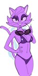 anthro bikini breasts cheek_tuft cleavage clothed clothing eyelashes eyewear facial_tuft female fur glistening glistening_bikini glistening_clothing glistening_swimwear hair hand_on_hip holding_eyewear holding_object holding_sunglasses looking_at_viewer narrowed_eyes navel pattern_background purple_bikini purple_body purple_clothing purple_fur purple_hair purple_swimwear simple_background smile smiling_at_viewer solo standing sunglasses swimwear tuft two-piece_swimsuit whiskers white_background dbaru bremen_avenue_experience jessica_(bae) domestic_cat felid feline felis mammal 2022 colored_sketch hi_res sketch