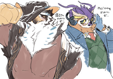 accessory anthro arms_tied bdsm beak belly biped bound brown_body brown_feathers clothed clothing coat duo electronics embarrassed eyewear feathers glasses hat headgear headphones headwear male male_anthro muscular muscular_anthro muscular_male necktie one_eye_obstructed open_clothing open_coat open_topwear open_vest overweight pecs purple_body purple_feathers sweater topwear triceps vest white_body white_feathers wings yellow_sclera 1boshi xxl_woofia owlbert_(xxl_woofia) watanabe_hitoha_(xxl_woofia) accipitrid accipitriform avian bird eagle owl