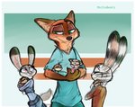 2018 ambiguous_gender anthro canid canine clothed clothing disney ear_markings facial_markings fox fully_clothed green_eyes group head_markings jack_savage judy_hopps lagomorph leporid mammal markings nick_wilde police police_uniform purple_eyes rabbit red_fox shirt simple_background t-shirt topwear true_fox uniform xx-junglebeatz-xx young young_anthro zootopia