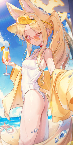 beach beverage blonde_hair breasts butt clothing drinking_straw eyebrows eyelashes eyewear female hair halo hat headgear headwear human_and_animal_ears jacket multi_ear one-piece_swimsuit one_eye_closed outside pink_eyes ponytail small_breasts solo sunglasses swimwear topwear visor_cap white_clothing white_swimwear wink kb9024 blue_archive nexon seia_(blue_archive) animal_humanoid canid canid_humanoid canine canine_humanoid fox_humanoid humanoid mammal mammal_humanoid 2025 absurd_res hi_res