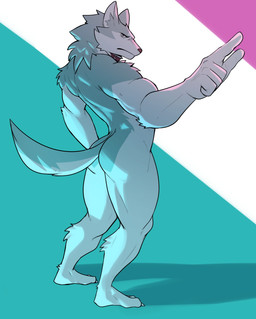 5_fingers ankle_tuft anthro biceps blue_body blue_fur bodily_fluids butt butt_focus collar countershade_face countershade_torso countershading feet fingers fur gesture hand_gesture hand_on_leg hand_on_thigh leg_tuft looking_at_viewer male multicolored_body multicolored_fur muscular muscular_anthro muscular_arms muscular_male neck_tuft nipples nude pecs pointing pose simple_background solo toes triceps tuft two_tone_body two_tone_fur white_body white_countershading white_fur white_inner_ear jrjresq brand_new_animal studio_trigger shirou_ogami canid canine canis mammal wolf hi_res
