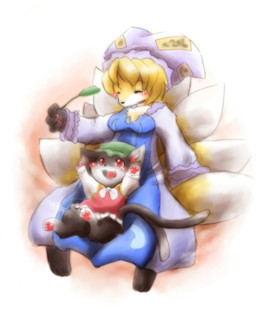 anthro anthrofied blonde_hair breasts clothed clothing countershade_face countershading duo female fur hair kemono multi_tail open_mouth red_eyes short_hair tail yellow_body yellow_fur mo_to_i_chi touhou chen_(touhou) ran_yakumo canid canine domestic_cat felid feline felis fox mammal 2009