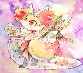 abstract_background ambiguous_anthro ambiguous_gender anthro arm_tuft biped birdcage black_body black_fur cheek_tuft closed_smile clothed clothed_anthro clothed_female clothing clothing_lift cute_fangs digitigrade dipstick_tail dress dress_lift eyelashes facial_tuft fangs female floral_pattern flower flower_crown fluffy fluffy_tail fur hip_tuft inner_ear_fluff leaf looking_at_viewer looking_back looking_back_at_viewer markings mouth_closed multicolored_body multicolored_fur object_in_tail plant pointy_ears prick_ears rear_view red_bow red_eyes red_inner_ear_fluff red_nose red_tail_tip shoulder_tuft smile solo standing stick stick_in_tail tail tail_markings tapering_snout teeth text three-quarter_view translucent translucent_clothing translucent_dress tuft twitter_handle two_tone_tail veil wedding_dress white_body white_fur yellow_body yellow_fur yellow_tail kumakawayusu_(artist) nintendo pokemon braixen canid generation_6_pokemon mammal pokemon_(species) 2016 artist_name colored full-length_portrait hi_res japanese_description painting_(artwork) portrait traditional_media_(artwork) translated_description watercolor_(artwork)