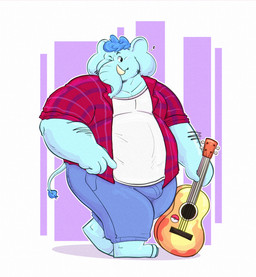 acoustic_guitar anthro belly big_belly blue_body blue_hair bottomwear bulge clothing guitar hair male musical_instrument one_eye_closed overweight overweight_male pants plucked_string_instrument pokeball shirt simple_background solo standard_pokeball string_instrument topwear wink 06junior11 nintendo pokemon elephant elephantid mammal proboscidean 2025 hi_res