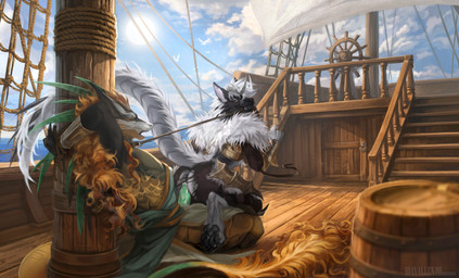 anthro armor barefoot barrel bodily_fluids bottomwear bound bracers butt claws clothing cloud detailed_background dominant dominant_female duo eye_contact feathers feet female fur genital_fluids genitals hair horn kneeling lap_dance_position leash leash_in_mouth leash_pull looking_at_another looking_at_partner looking_back looking_back_at_another looking_back_at_partner male male/female object_in_mouth pants pawpads paws penetration penile penile_penetration penis penis_in_vagina raised_tail rigging rope sail sailing_ship sailing_watercraft ship ship_deck sky spiked_tail spikes spikes_(anatomy) spines submissive submissive_male sun tail tail_tuft teeth text tied_to_pole toe_claws torn_bottomwear torn_clothing torn_pants tuft vaginal vaginal_fluids vaginal_fluids_on_penis vaginal_penetration vehicle watercraft wood yellow_eyes idavallen capcom monster_hunter chim_(thunderlord_toril) jho_(thunderlordtoril) couatl fanged_wyvern feathered_scalie feathered_snake reptile scalie snake zinogre 2026 artist_name digital_media_(artwork) hi_res