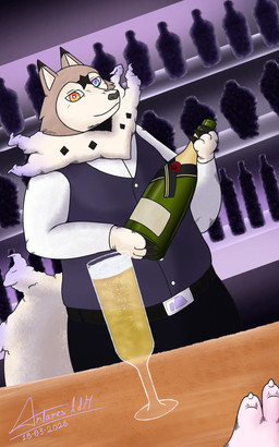 alcohol anthro bartender belt beverage bottomwear brown_body brown_fur brown_nose champagne clothed clothing container cup dust_cloud first_person_view foam fur fur_markings furniture glass glass_container glass_cup looking_at_viewer male markings neck_tuft pants pov_hands purple_light shirt simple_background slightly_chubby solo table tan_body tan_fur topwear tuft vest wood wood_furniture wood_table antares_alexanyel nintendo pokemon stardust_(antares_ldm) generation_7_pokemon lycanroc midday_lycanroc pokemon_(species) absurd_res hi_res