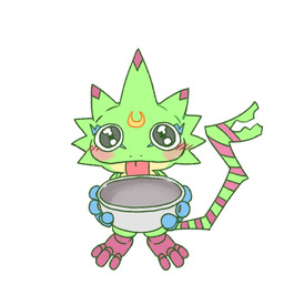 anthro begging blush bowl container empty_bowl green_body grey_eyes hungry male smile solo kyuo517511 bandai_namco digimon digimon_beatbreak digimon_(species) gekkomon 1:1