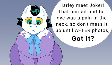 :< alternate_species ambiguous_feral ambiguous_gender black_hair blue_ribbon dialogue feral feralized front_view fur furrification gradient_background hair purple_body purple_fur simple_background solo speech_bubble teal_eyes text yellow_sclera lizzyhp batman_(series) dc_comics fluffy_pony the_joker fluffy_pony_(species) mammal 2024 digital_media_(artwork) english_text