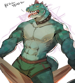 abs anthro bodily_fluids clothed clothing collar dialogue facial_piercing green_body green_clothing green_scales green_underwear head_spikes holding_object holding_towel male mouth_piercing muscular muscular_anthro muscular_male neck_piercing nipple_piercing nipples nose_piercing nose_ring orange_eyes piercing purple_spikes ring_piercing saliva scales simple_background solo spikes spikes_(anatomy) studded_collar studs tail text text_on_clothing text_on_underwear tongue tongue_out tongue_piercing towel underwear underwear_only white_background yellow_sclera grundyacat goat_(movie) sony_corporation sony_pictures modo_olachenko komodo_dragon lizard monitor_lizard reptile scalie 2026 absurd_res digital_media_(artwork) english_text hi_res